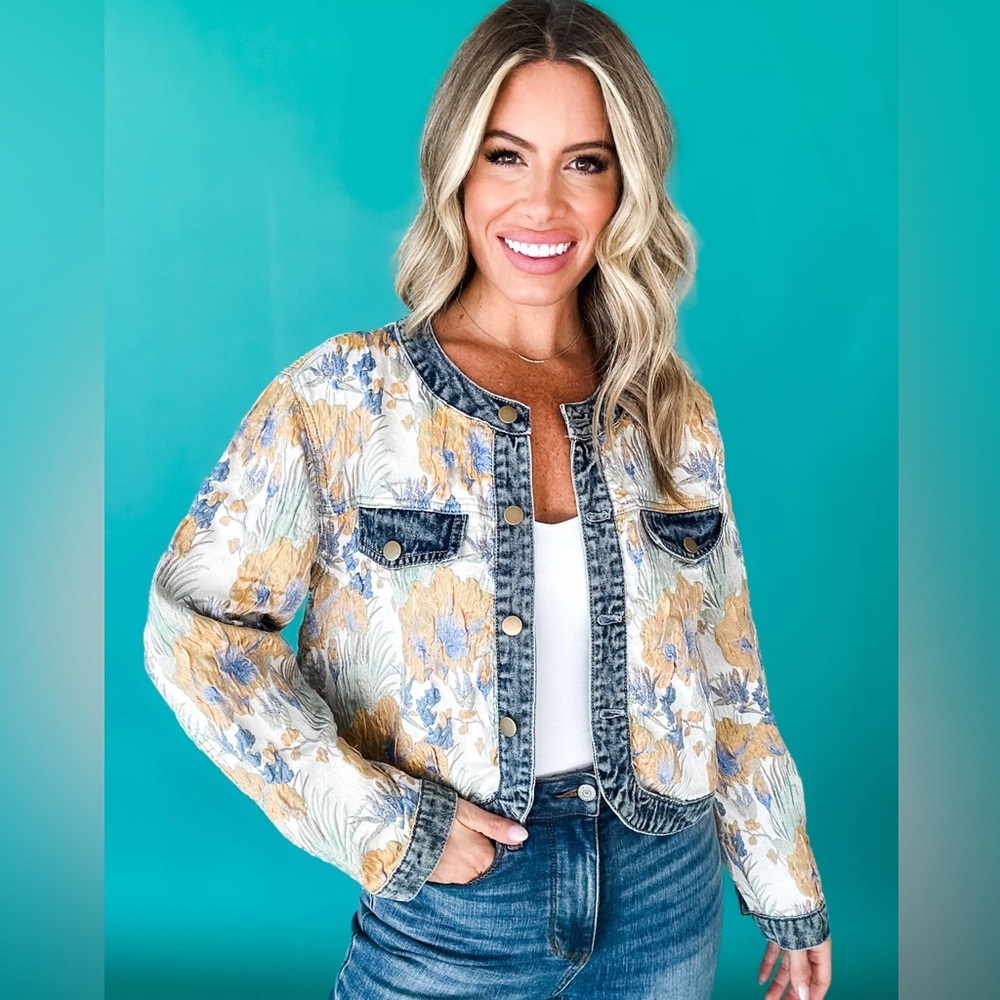 Floral woven jacquard denim button boho bohemian jacket - Picture 6 of 14